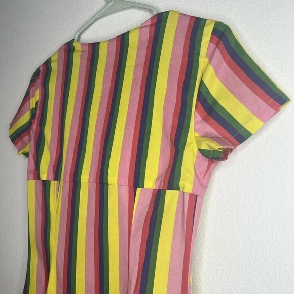 STAUD Alice Pink Colorful Rainbow Striped Poplin V-Neck Tie-Front Dress Sz 2 - Picture 10 of 14